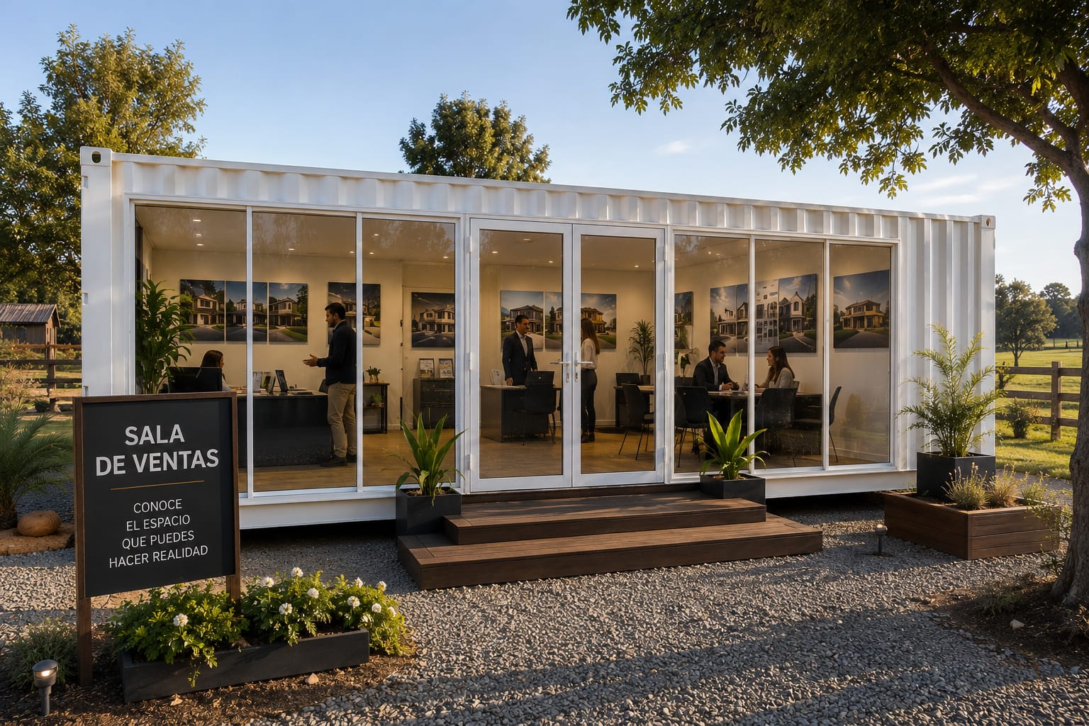 Sala de ventas con fachada vidriada, proyecto realizado por Intercontainers